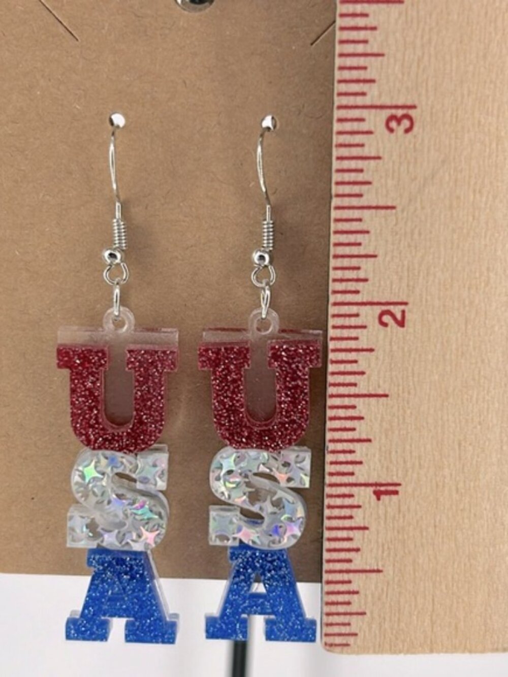 *LAST ONE* Acrylic ”USA” Red White and Blue Hook Earrings Patriotic - Picture 2 of 3